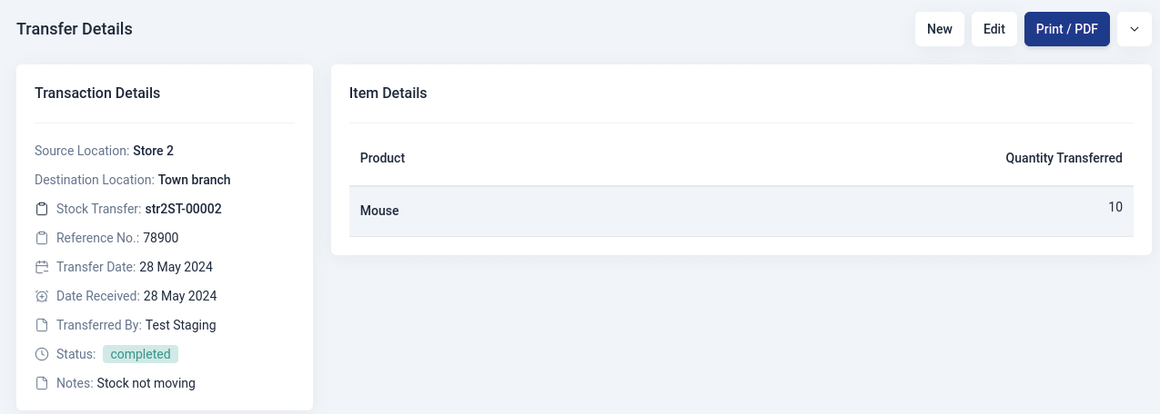 Stock transfer details page